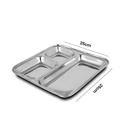 HOMETALES Stainless Steel 3 in 1 Square Pav Bhaaji Partition plate, Pack of 2 HOMETALES Stainless Steel 3 in 1 Square Pav Bhaaji Partition plate, Pack of 2