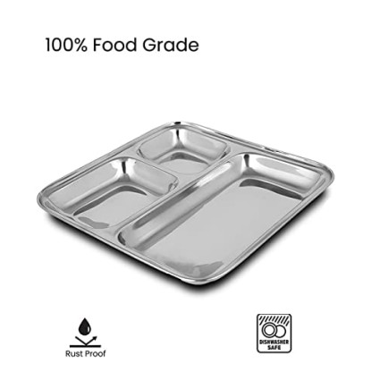 HOMETALES Stainless Steel 3 in 1 Square Pav Bhaaji Partition plate, Pack of 2 HOMETALES Stainless Steel 3 in 1 Square Pav Bhaaji Partition plate, Pack of 2