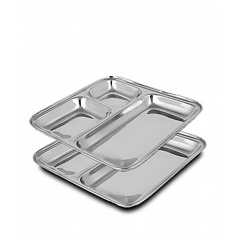 HOMETALES Stainless Steel 3 in 1 Square Pav Bhaaji Partition plate, Pack of 2