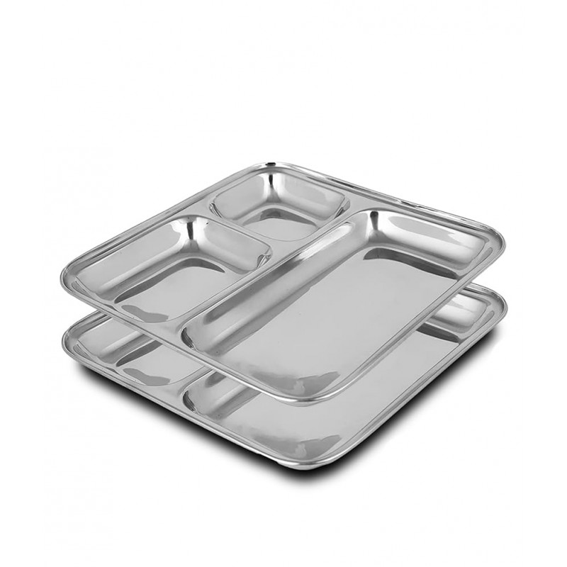 HOMETALES Stainless Steel 3 in 1 Square Pav Bhaaji Partition plate, Pack of 2