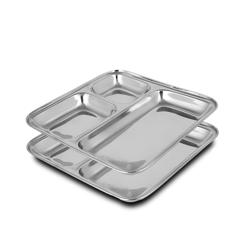 HOMETALES Stainless Steel 3 in 1 Square Pav Bhaaji Partition plate, Pack of 2