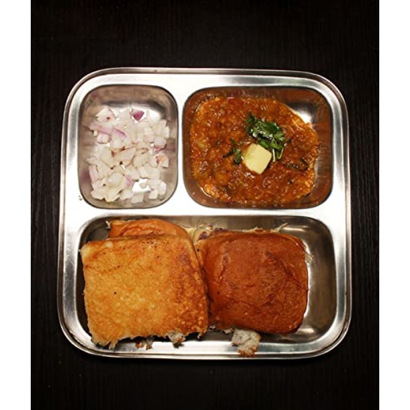 HOMETALES Stainless Steel 3 in 1 Square Pav Bhaaji Partition plate, Pack of 2