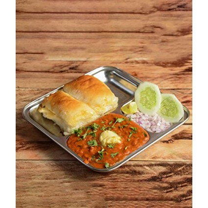 HOMETALES Stainless Steel 3 in 1 Square Pav Bhaaji Partition plate, Pack of 2 HOMETALES Stainless Steel 3 in 1 Square Pav Bhaaji Partition plate, Pack of 2