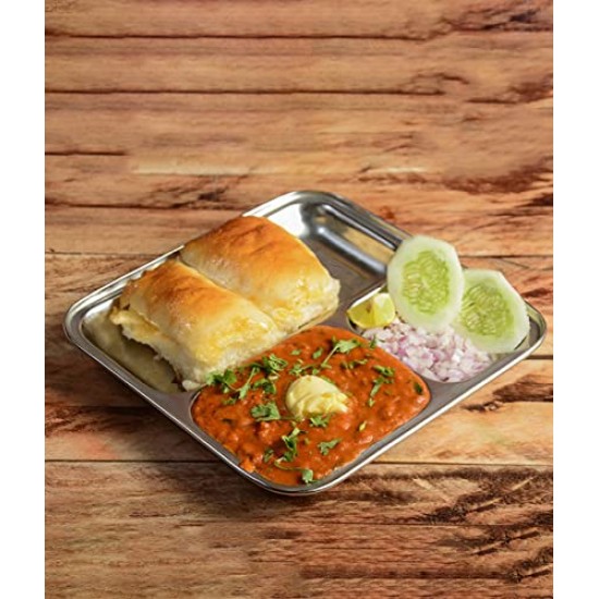 HOMETALES Stainless Steel 3 in 1 Square Pav Bhaaji Partition plate, Pack of 2