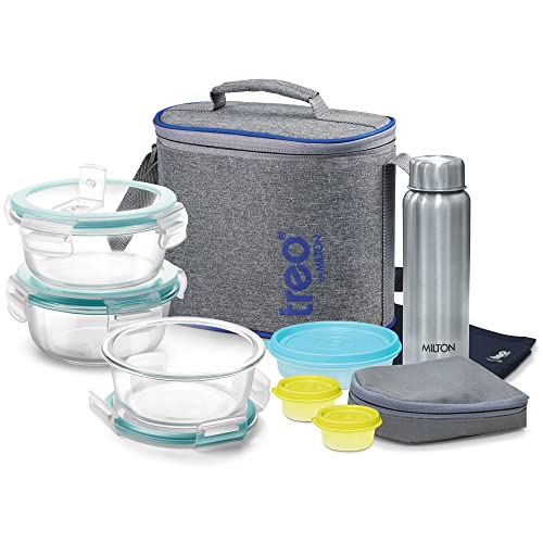 MILTON Treo All Fresh Premier Glass Tiffin Set Of 8 (3 - Containers,400 ml Each Grey MILTON Treo All Fresh Premier Glass Tiffin Set Of 8 (3 - Containers,400 ml Each Grey