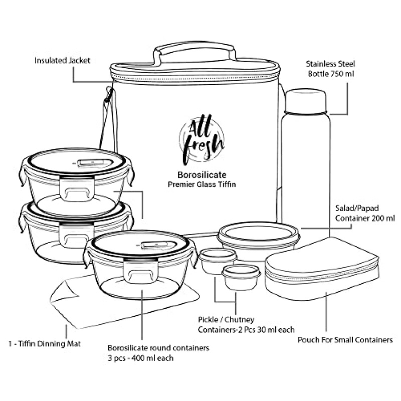 MILTON Treo All Fresh Premier Glass Tiffin Set Of 8 (3 - Containers,400 ml Each Grey