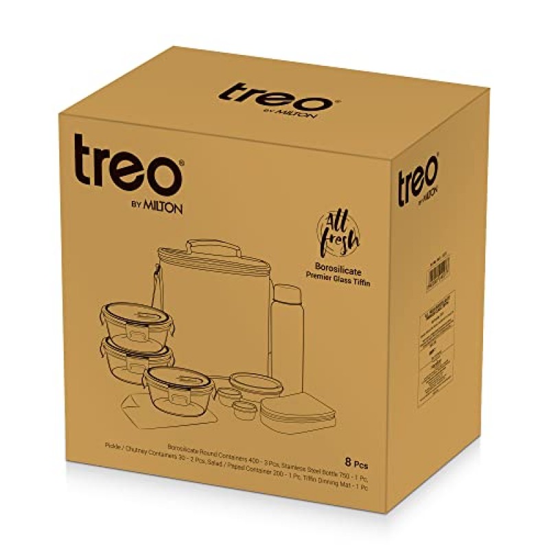 MILTON Treo All Fresh Premier Glass Tiffin Set Of 8 (3 - Containers,400 ml Each Grey