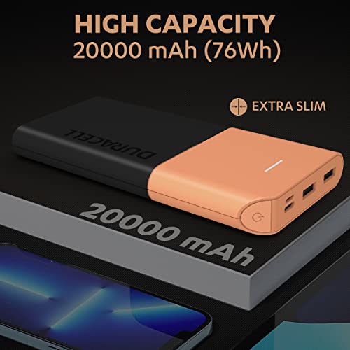 Duracell 20000 MAH Slimmest Power Bank with 1 Type C PD and 2 USB A Port, 22.5W Fast Charging Portable Charger to Charges 3 Devices Simultaneously Duracell 20000 MAH Slimmest Power Bank with 1 Type C PD and 2 USB A Port, 22.5W Fast Charging Portable Charger to Charges 3 Devices Simultaneously