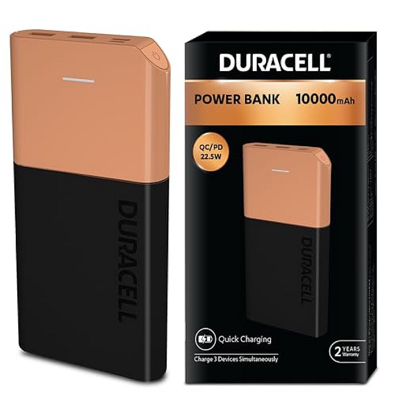 Duracell Power Bank 10000 mAh, Portable Charger, 22.5W Power Delivery for Smartphones