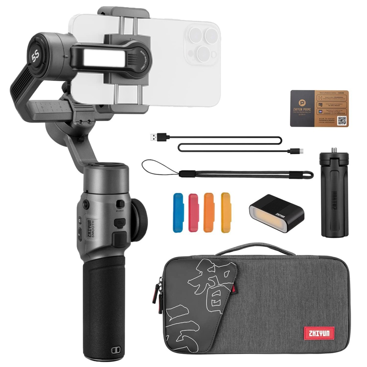 Zhiyun Smooth 5S Combo w/Magnetic Fill Light,Carrying Bag &Tripod,Gimbal Stabilizer for Smartphone 3-Axis Handheld Gimbal for iPhone