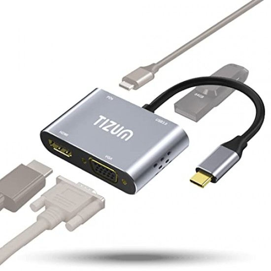 Tizum USB C Hub (2-in-1) Portable Multiport Adapter Connector,Type C USB hub to 4K HDMI VGA, Converter Charging Port, Cable (Grey)