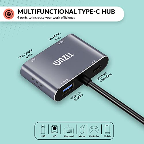 Tizum USB C Hub (2-in-1) Portable Multiport Adapter Connector,Type C USB hub to 4K HDMI VGA, Converter Charging Port, Cable (Grey) Tizum USB C Hub (2-in-1) Portable Multiport Adapter Connector,Type C USB hub to 4K HDMI VGA, Converter Charging Port, Cable (Grey)