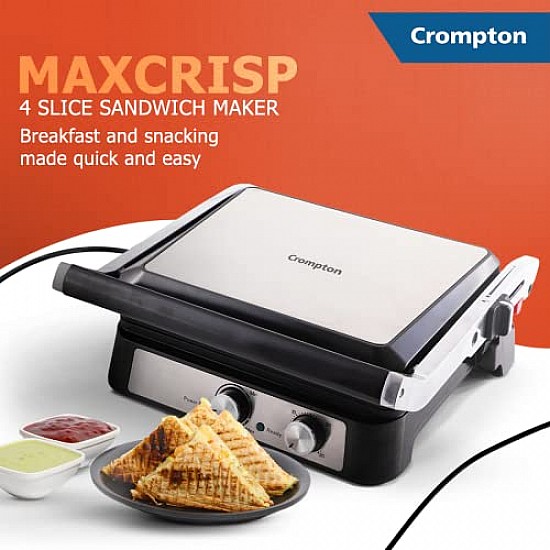 Crompton MaxCrisp 4 Slice Sandwich Maker 2000W with Timer and 180 Degrees Barbecue Grill