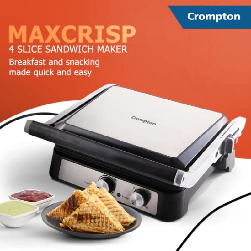 Crompton MaxCrisp 4 Slice Sandwich Maker 2000W with Timer and 180 Degrees Barbecue Grill