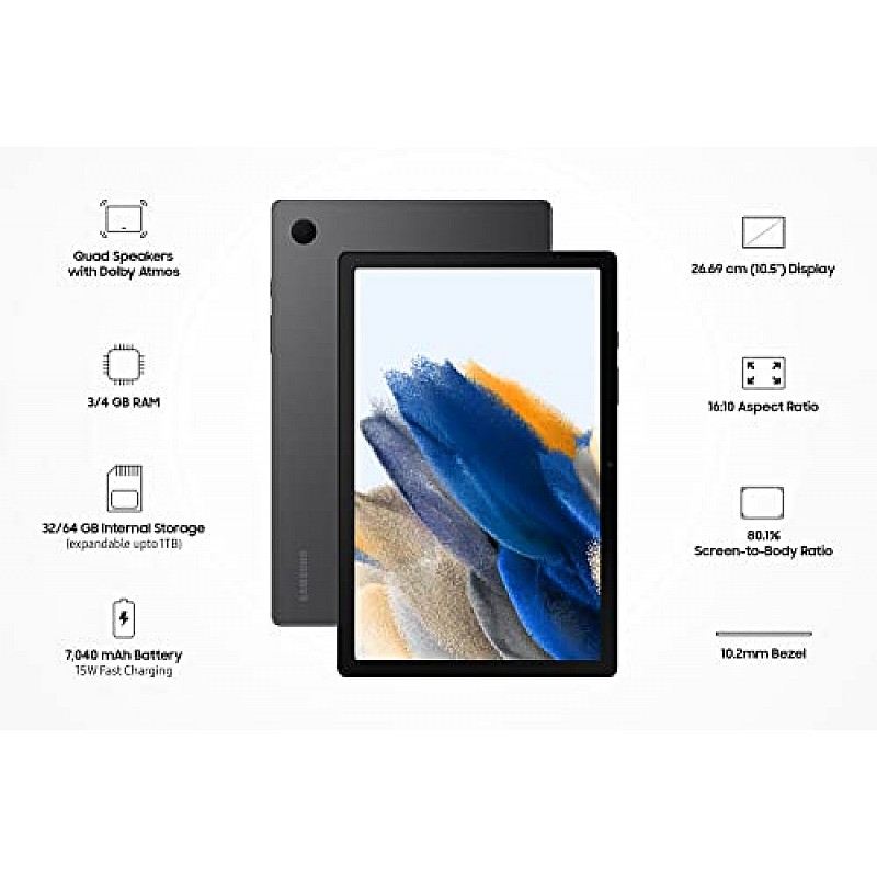 Samsung Galaxy Tab A8 10.5 inches Display with Calling, RAM 4GB, ROM 64GB Expandable, Wi-Fi+LTE Tablets, Gray, (SM-X205NZAEINU)