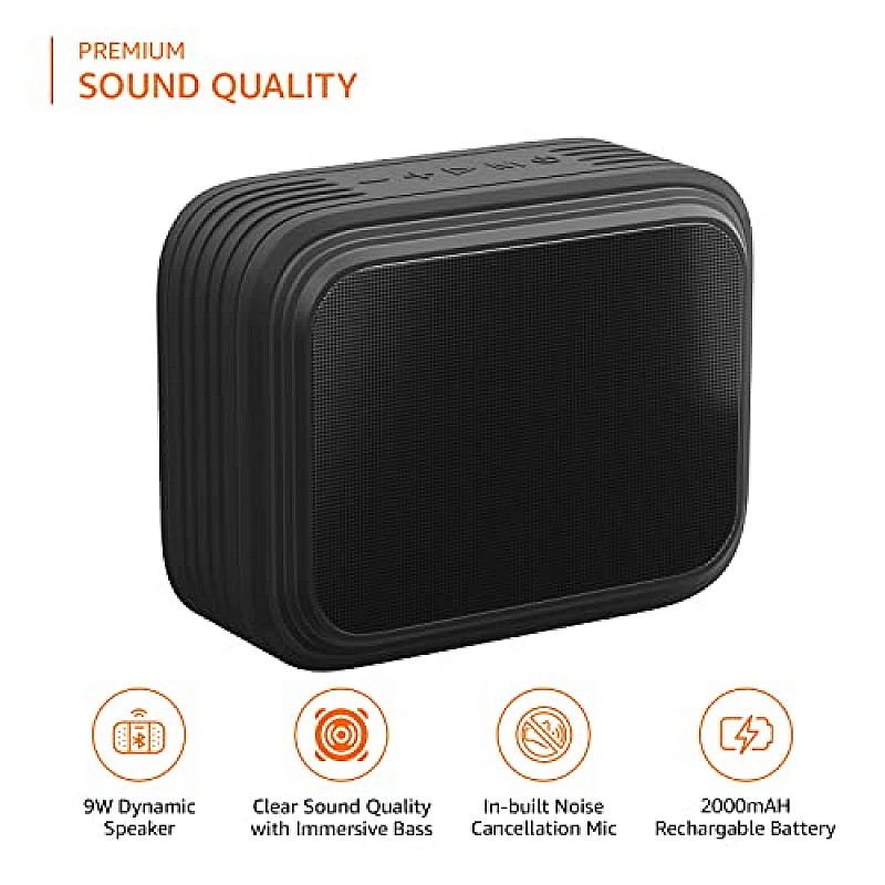 Amazon Basics Bluetooth Speaker, IPX6 Water Resistant, TWS Function, 9W, Powerful Bass, BT 5.0, Up to 15hrs Playtime in-Built Noise Cancelling Mic (Black)