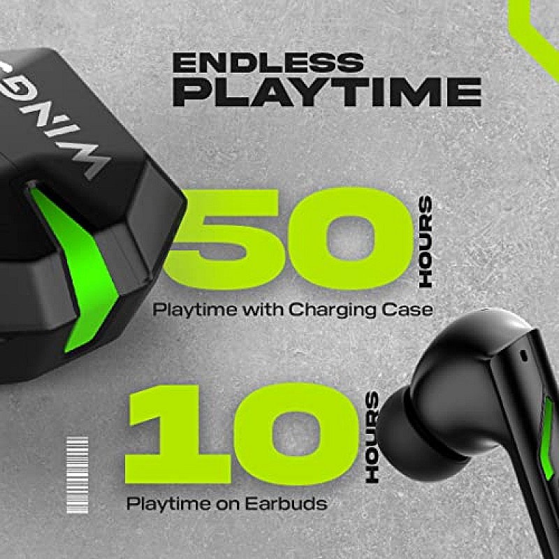 WINGS Phantom 850 Earbuds with Game mode, 50 hrsPlaytime, Quad ENC Mic & App Support Bluetooth Gaming Headset  (Black, In the Ear)