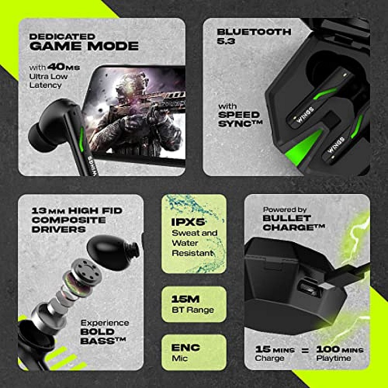 WINGS Phantom 850 Earbuds with Game mode, 50 hrsPlaytime, Quad ENC Mic & App Support Bluetooth Gaming Headset  (Black, In the Ear)