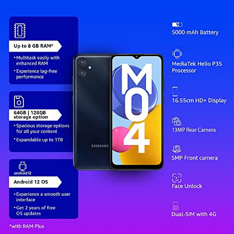 Samsung Galaxy M04 Dark Blue, 4GB RAM, 128GB Storage Upto 8GB RAM with RAM Plus