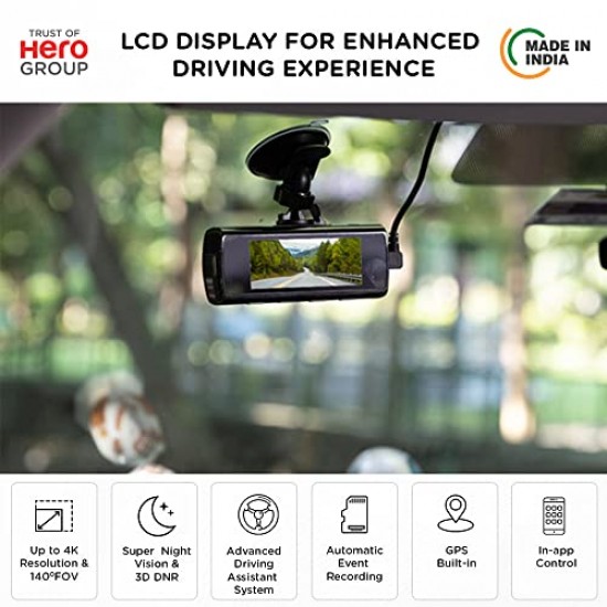 Qubo Car Dash Camera True 4K 2160P UHD Dash Cam from Hero Group, Made in India, ADAS, Built-in Wi-Fi, GPS 