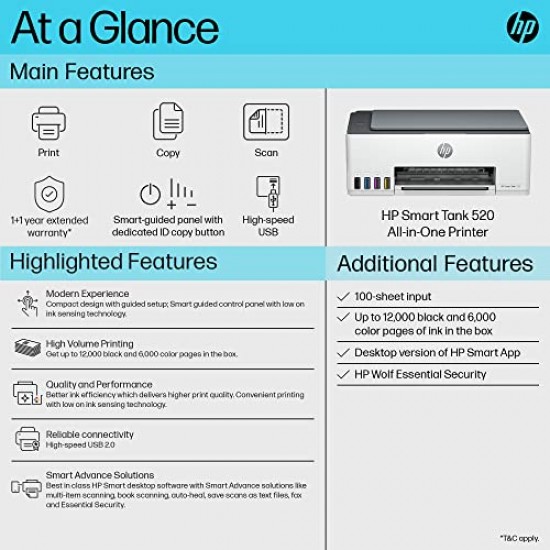 HP Smart Tank 520 All-in-one Colour Printer Upto 12000 Black and 6000 Colour Prints