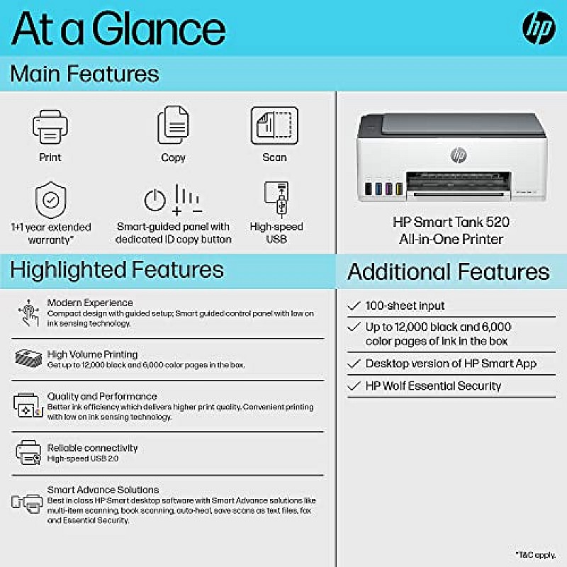 HP Smart Tank 520 All-in-one Colour Printer Upto 12000 Black and 6000 Colour Prints