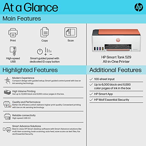 HP Smart Tank 529 All-in-one Colour Printer Upto 6000 Black and 6000 Colour Pages Included in The Box-Print, Scan Copy for Office/Home HP Smart Tank 529 All-in-one Colour Printer Upto 6000 Black and 6000 Colour Pages Included in The Box-Print, Scan Copy for Office/Home