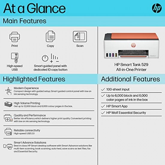 HP Smart Tank 529 All-in-one Colour Printer Upto 6000 Black and 6000 Colour Pages Included in The Box-Print, Scan Copy for Office/Home