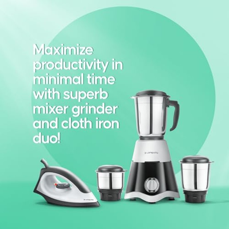 Longway Super Dlx 700 Watt Mixer Grinder with 3 Jars for Grinding, Mixing with 1100 Watt Dry Iron Black And Gray