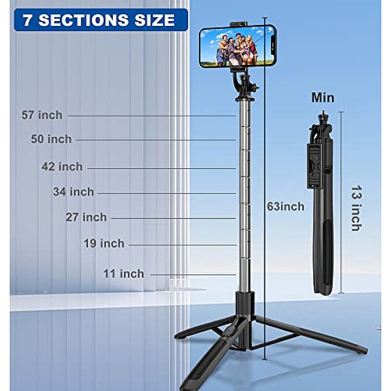 AIRTREE Selfie Stick, All in One Professional 63'' Selfie Stick Tripod Stand, Bluetooth Selfie Stick with Wireless Remote (Black)