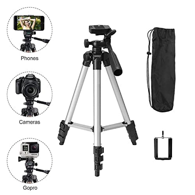 TRIPOD-3110 Portable Camera Tripod with Three-Dimensional Head and Quick Release Plate for All Cameras & Mobile, Best for Making Videos Silver Black