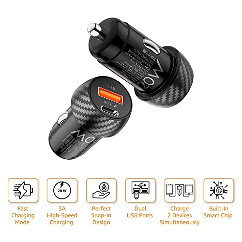 Amazon Basics Mini Car Charger with Dual Output, Fast Charging (Type C 20W + Type A 3.0A) (Black) Amazon Basics Mini Car Charger with Dual Output, Fast Charging (Type C 20W + Type A 3.0A) (Black)