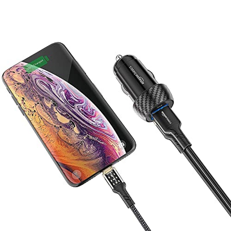 Amazon Basics Mini Car Charger with Dual Output, Fast Charging (Type C 20W + Type A 3.0A) (Black)