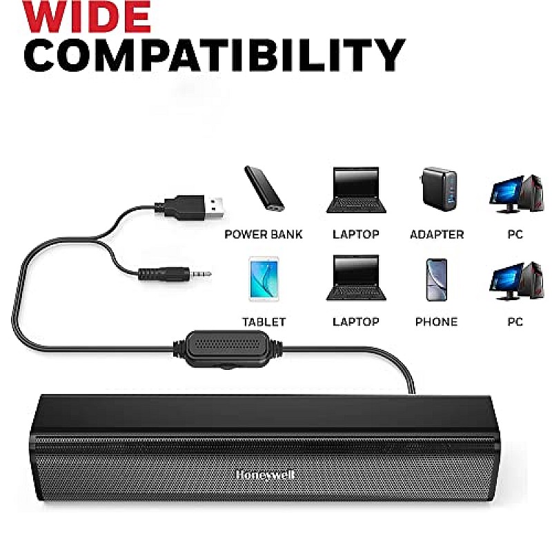 Honeywell Moxie V500 10W Portable USB Wired Soundbar, Speaker for PC, Desktop and Laptop with Volume Control and 3.5 mm AUX, 2.0