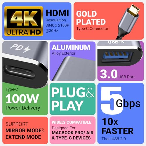 Tukzer 3-in-1 USB Type C to HDMI Adapter 4K 30Hz 100W PD Fast Charging Port USB A 3.0 Hub Tukzer 3-in-1 USB Type C to HDMI Adapter 4K 30Hz 100W PD Fast Charging Port USB A 3.0 Hub