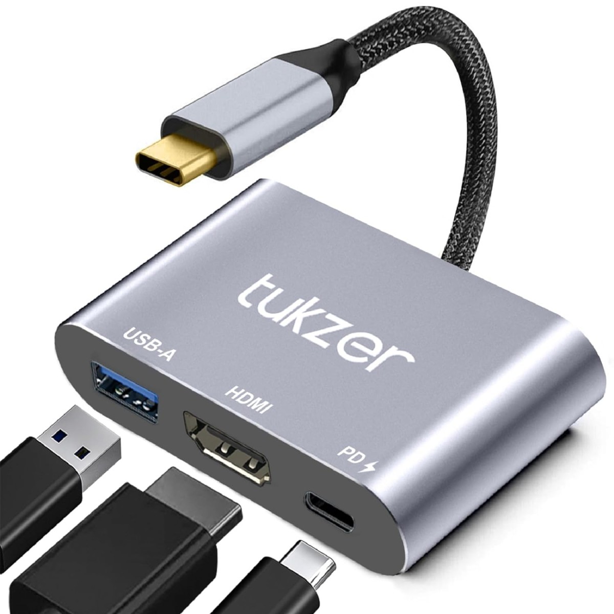 Tukzer 3-in-1 USB Type C to HDMI Adapter 4K 30Hz 100W PD Fast Charging Port USB A 3.0 Hub