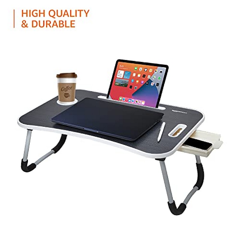 Amazon Basics Engineered Wood Foldable Laptop Table with Cup Holder, Tablet Groove and Mini Drawer (Black)