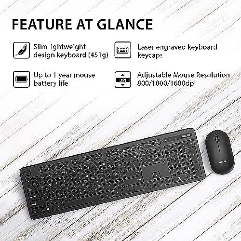 ASUS Wireless Keyboard and Silent Optical Mouse Set CW100 Up to 1600dpi,RF 2.4GHz Black