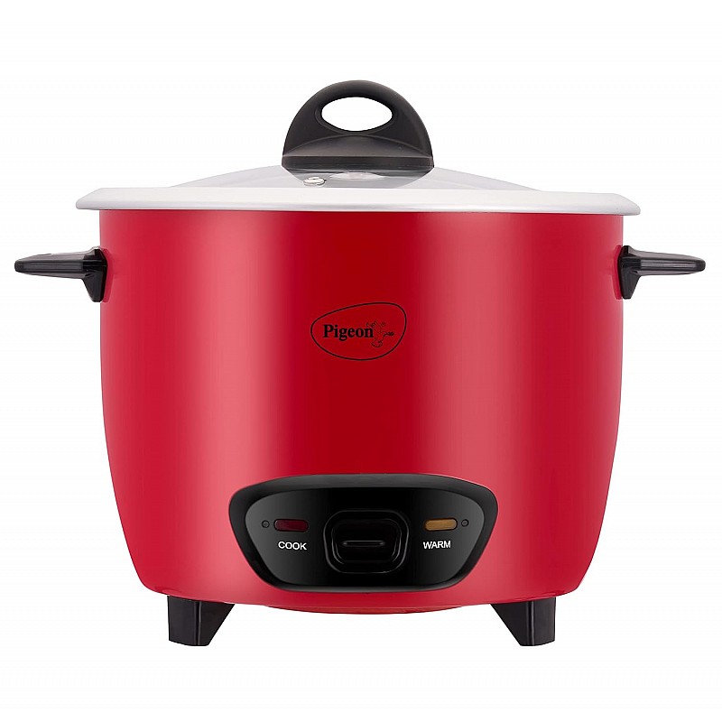 Pigeon by Stovekraft Ruby Rice Cooker with Single pot, 1.8 litres.(Red) Toughened Glass Lid 700 Watts 2 Aluminium Cooking Pot 