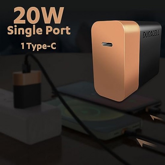 Duracell 20 Watts Fast Wall Charger Adapter, 1 USB Type C Power Delivery Port, Fast Mobile Charger 
