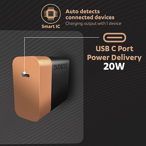 Duracell 20 Watts Fast Wall Charger Adapter, 1 USB Type C Power Delivery Port, Fast Mobile Charger Duracell 20 Watts Fast Wall Charger Adapter, 1 USB Type C Power Delivery Port, Fast Mobile Charger