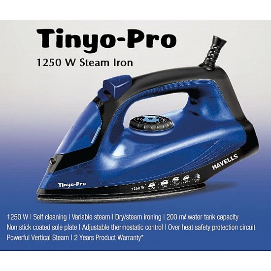 Havells Tinyo Pro 1250 Watt Steam Iron Press with Powerfull Steam Spray (Blue)