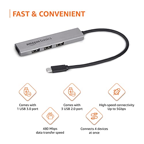 amazon basics 4 Port Type C USB Hub 3.1 USB C to 4 Ports USB A 3.1 Adapter Super High Speed Data (Grey)