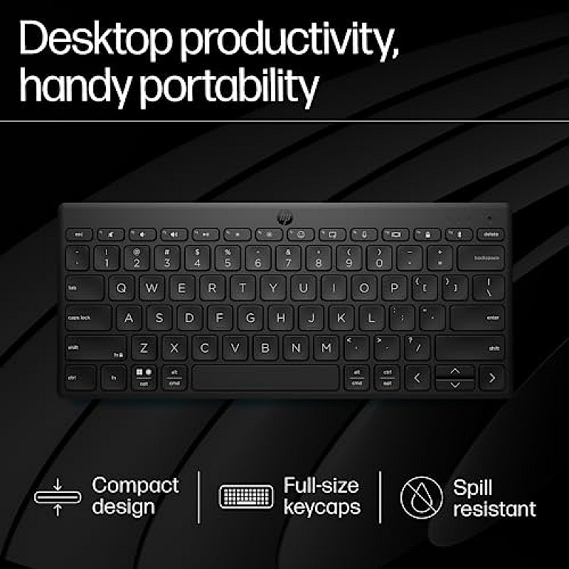 HP 350 Compact Multi-Device Bluetooth Wireless Keyboard Spill Resistant; Swift Pair; OS Auto-Detection, LED Indicator, Battery 