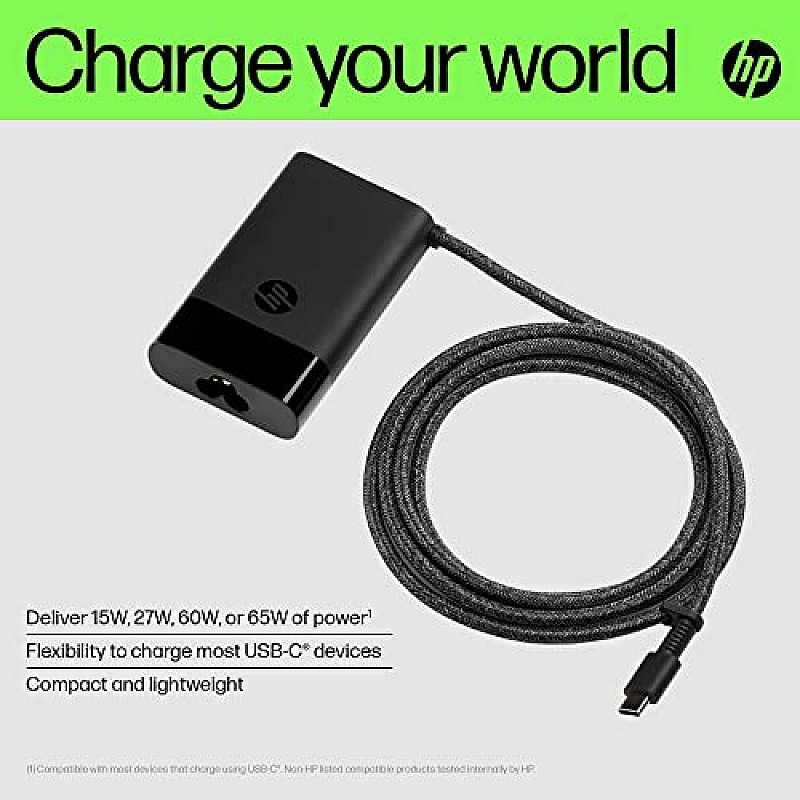 HP USB-C 65W Laptop Charger, 65W, Type-C USB, AC Adapter (671R2AA)