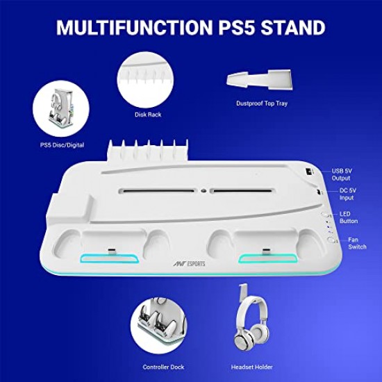 Ant Esports Dock5 RGB with Cooling Fan and Dual Controller Charger Station, PS5 White