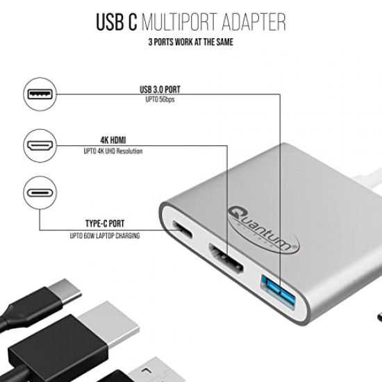 Quantum 3-in-1 USB Type C to Hdmi 4K Adapter, USB 3.0, USB C, High Speed Upto 5Gbps, 60W (Silver) 