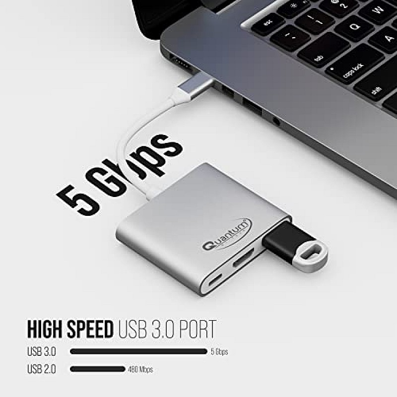 Quantum 3-in-1 USB Type C to Hdmi 4K Adapter, USB 3.0, USB C, High Speed Upto 5Gbps, 60W (Silver) 