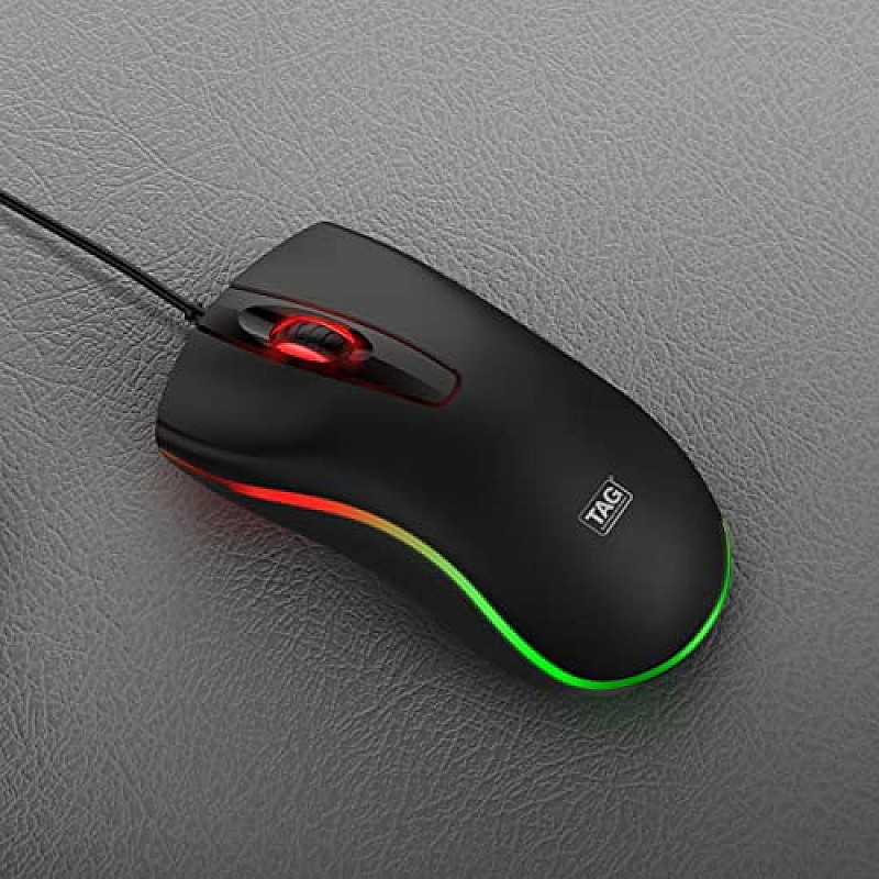 TAG Flash RGB Optical Wired Mouse | 1000 DPI | RGB LED Lights | Ergonomic and Streamlined Design | 1.35m Cable | 3 Buttons | USB Plug and Play Usage for PC, Laptop, Mac (Black)