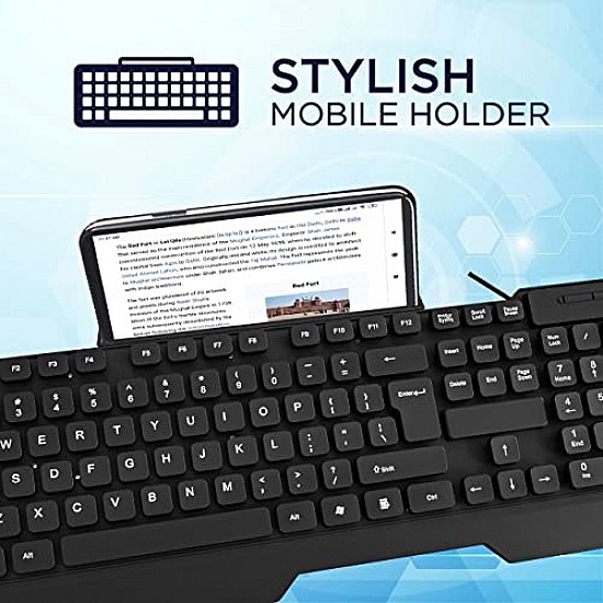 Elista Wired USB Keyboard | 104 Keys with Stylish Mobile Holder| ELS WK-711